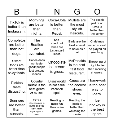Hot Takes Bingo Card