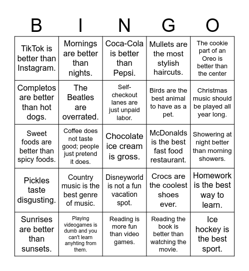 Hot Takes Bingo Card
