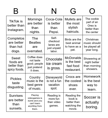 Hot Takes Bingo Card