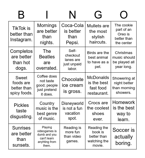 Hot Takes Bingo Card