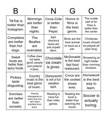 Hot Takes Bingo Card