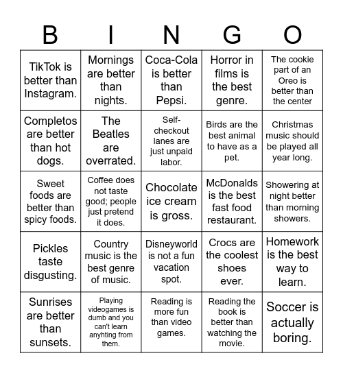 Hot Takes Bingo Card