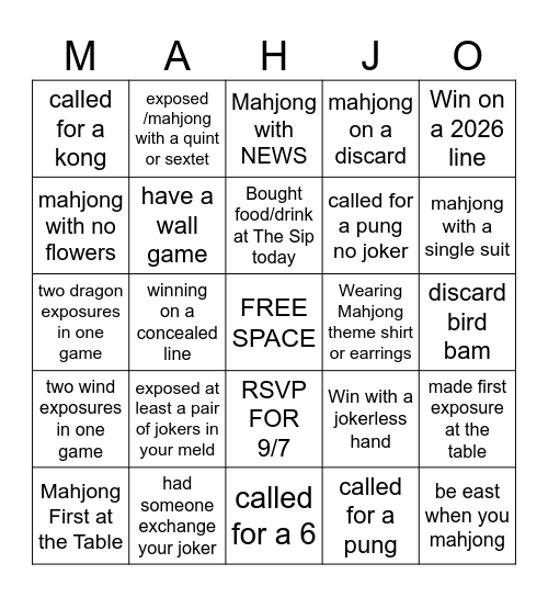 KITSAP MAHJONG BINGO NIGHT Bingo Card