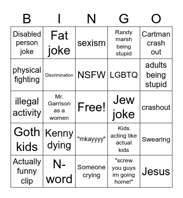 South Park Bingo Card