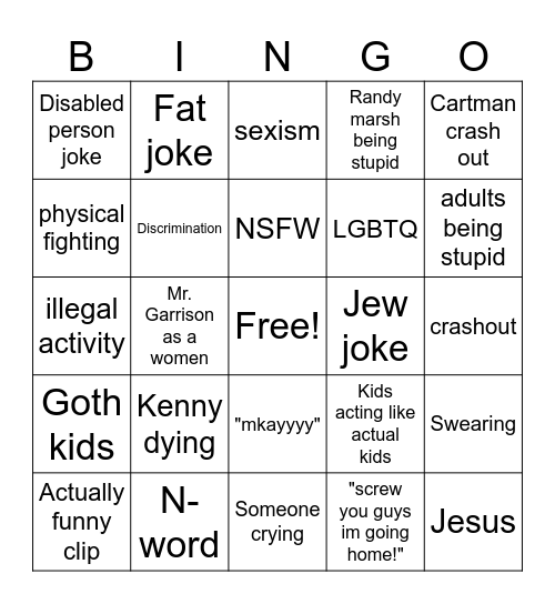 South Park Bingo Card