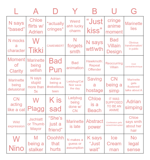 Miraculous Bingo Card