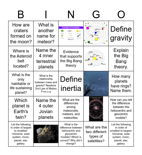 Unit 1 - Solar System & Beyond Bingo Card