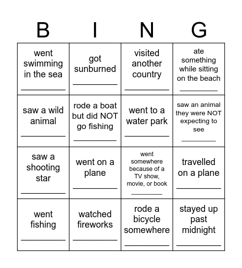 Summer Vacation Bingo: Find someone who... Bingo Card