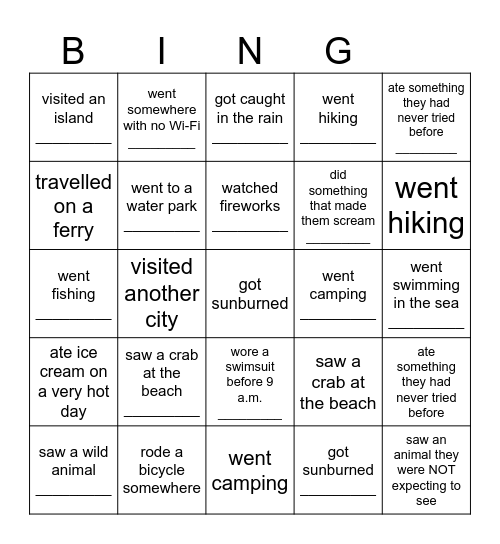 Summer Vacation Bingo: Find someone who... Bingo Card