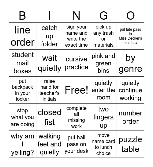 Procedures Bingo Card