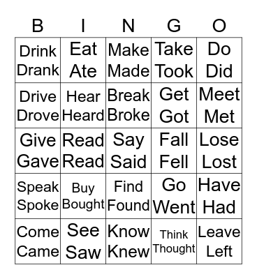Irregular Verbs Bingo Card