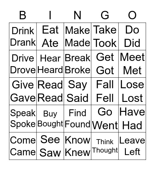 Irregular Verbs Bingo Card
