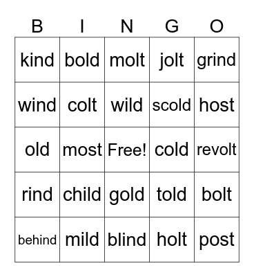 Kind and Wild Old Words Bingo Card
