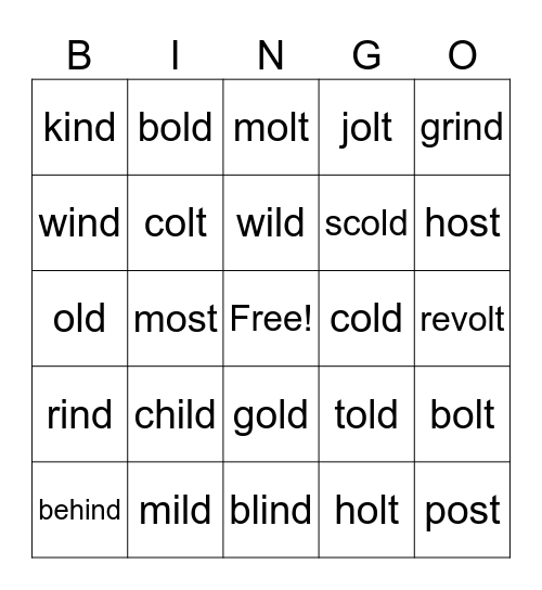 Kind and Wild Old Words Bingo Card