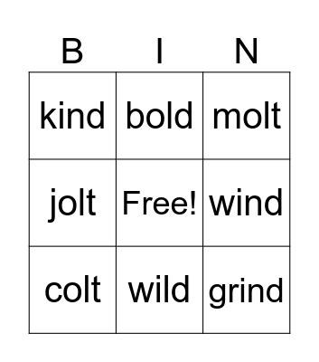 Kind and Wild Old Words Bingo Card