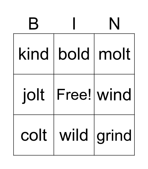 Kind and Wild Old Words Bingo Card