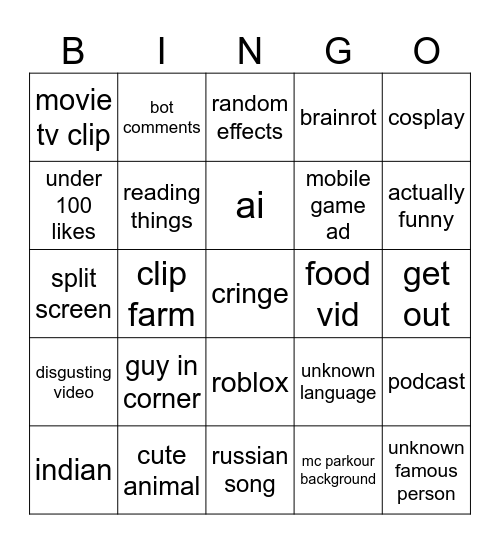 yt shorts incognito Bingo Card