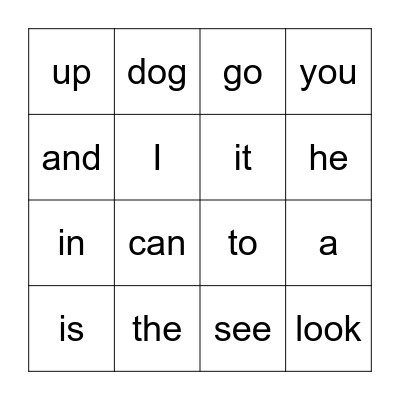 Sight Words Bingo Card
