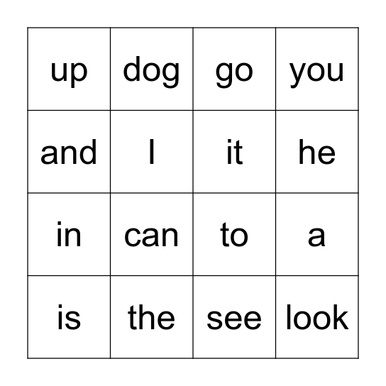 Sight Words Bingo Card