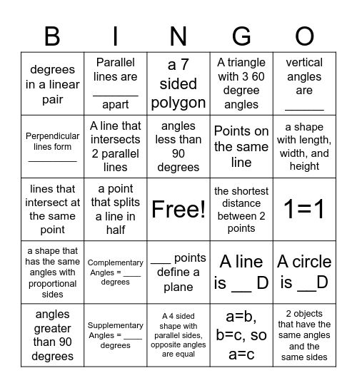 Proofs and Properties Bingo Card