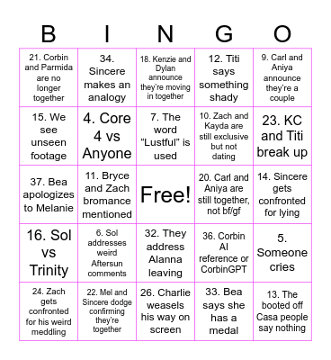 Love Island Reunion Bingo Card