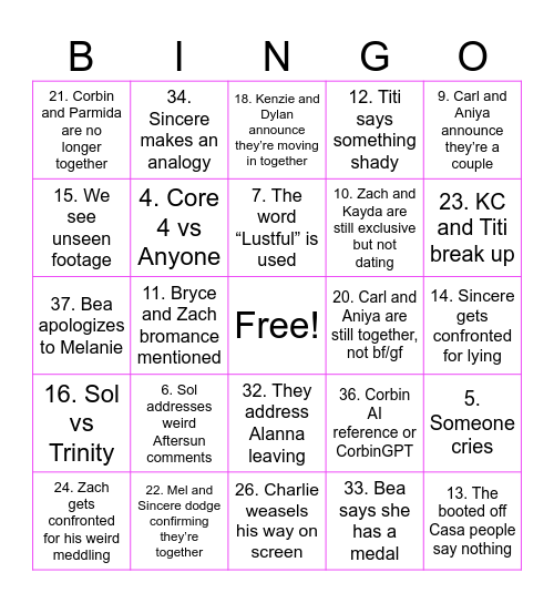 Love Island Reunion Bingo Card