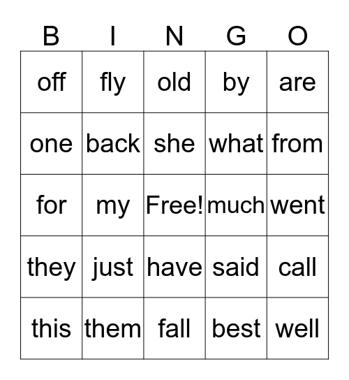 Group 3 words Bingo Card
