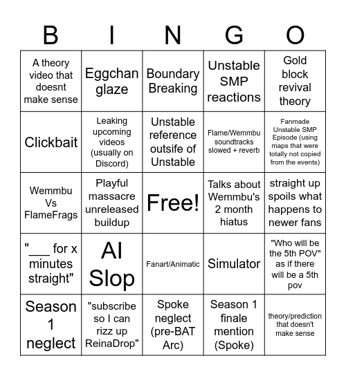 Unstable SMP fan videos bingo Card