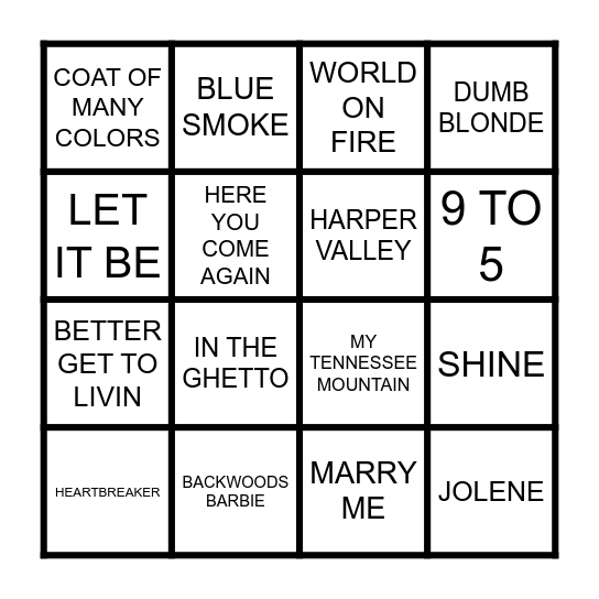 Dolly parton Bingo Card