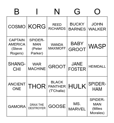 MCU Superheroes Bingo Card