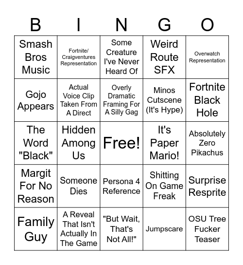 Modded Pokemon Direct Bingo Card