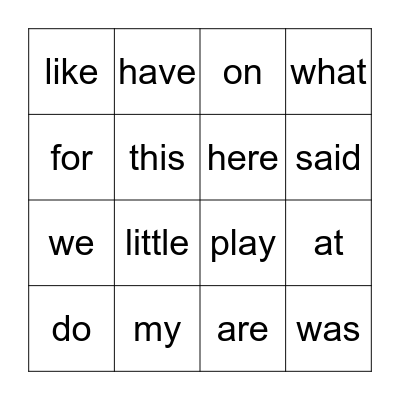 Sight Words Bingo Card