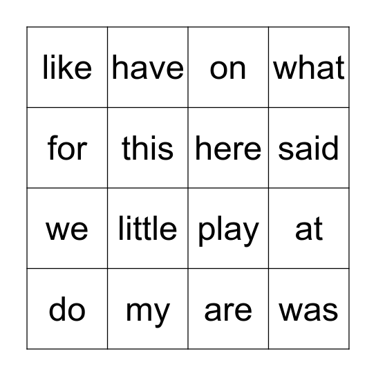 Sight Words Bingo Card
