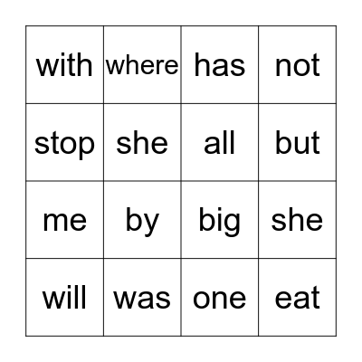 Sight Words Bingo Card