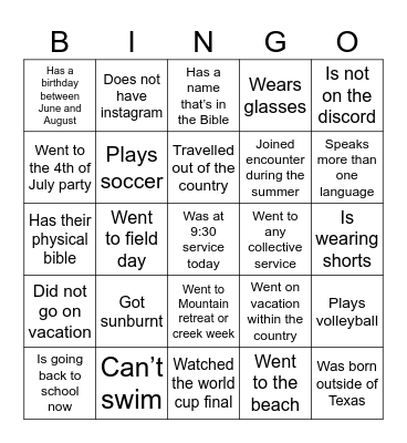 End of Summer Bingo Card