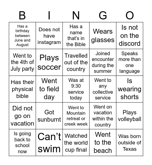 End of Summer Bingo Card