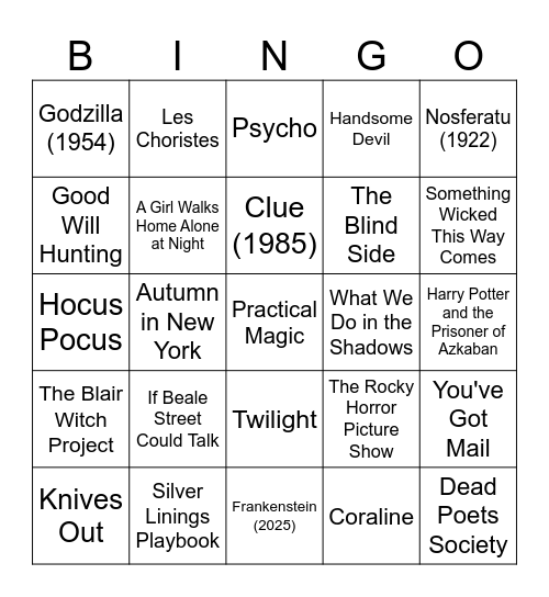 100 Years of Autumn Movies Bingo Card