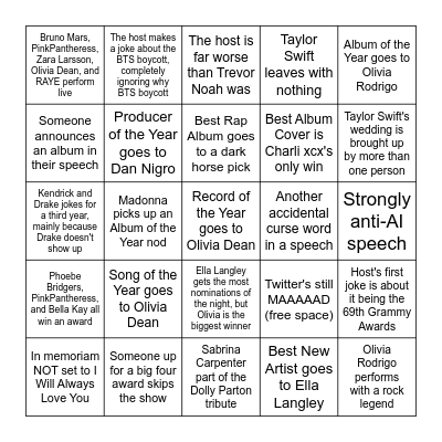 Grammys 2026 Bingo Card