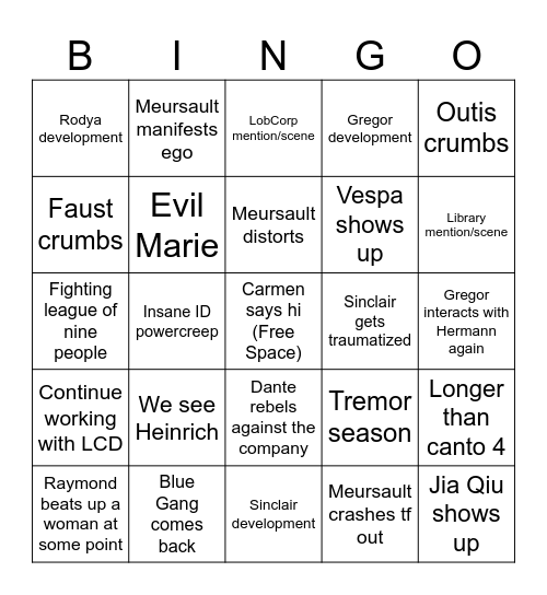 Canto 10 Bingo Card