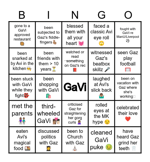 the Ganache Bingo Card