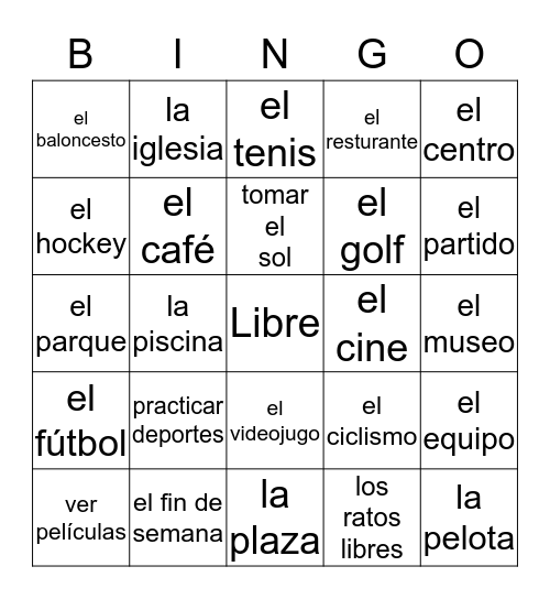 Spanish Bingo Card