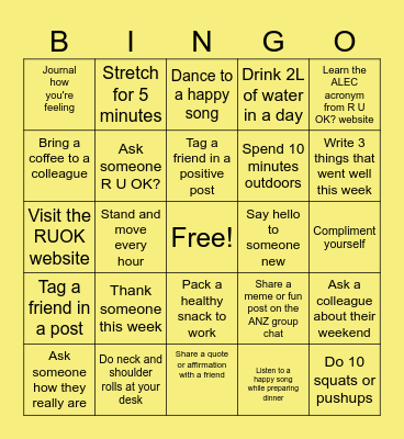 R U OK? Day Bingo Card