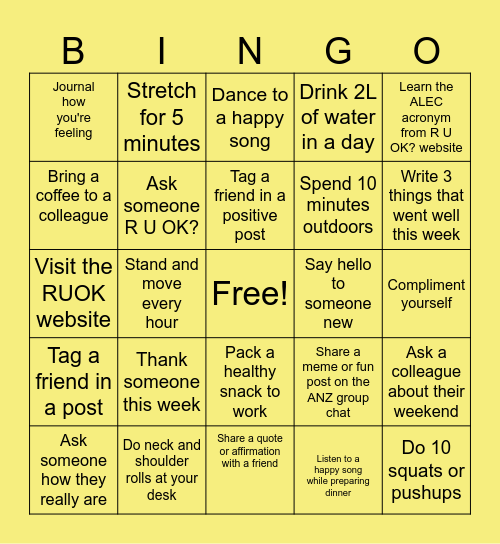 R U OK? Day Bingo Card