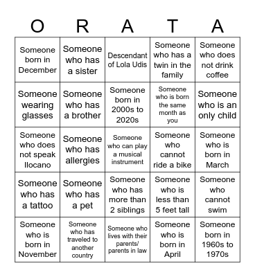 ORATA SOMERA FAMILY REUNION Bingo Card