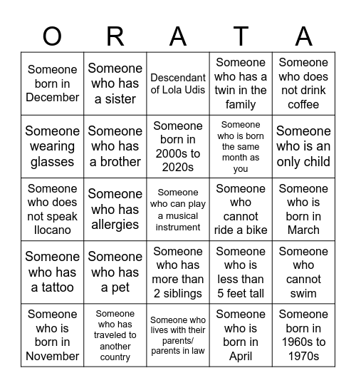 ORATA SOMERA FAMILY REUNION Bingo Card