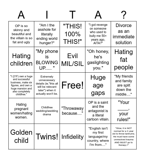 AITA? Bingo Card