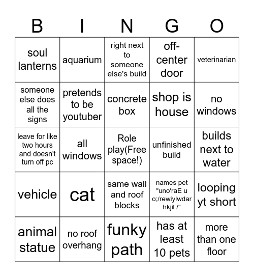 minecraft build bingo Card