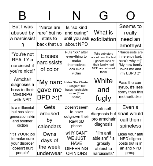 Narcissist-Hating Cardbeeper Bingo Card