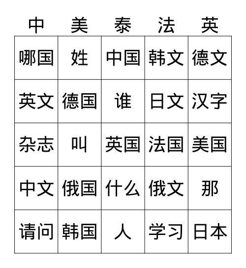 你是哪国人？ Bingo Card