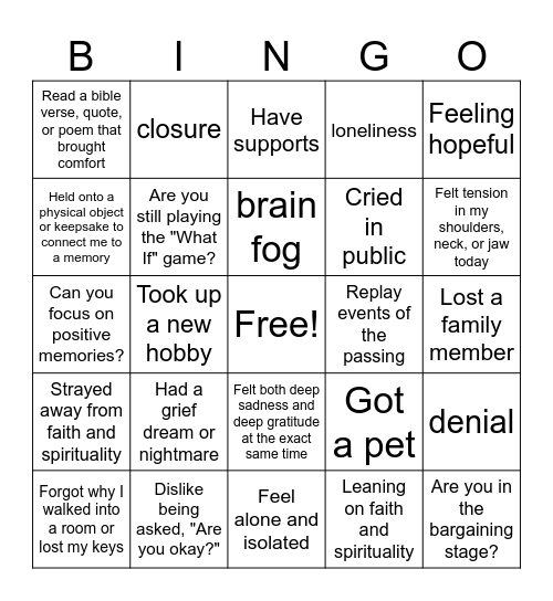Navigating Grief and Loss Bingo Card